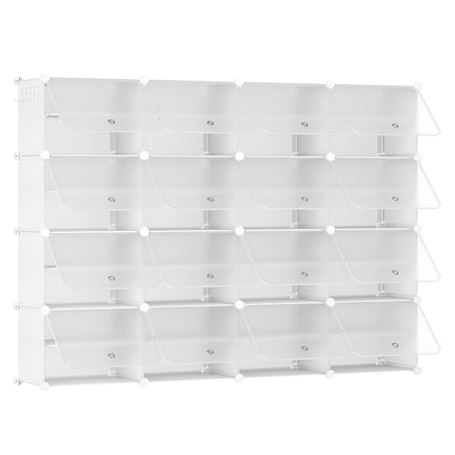 HOOBRO Armário de sapateira, 16 compartimentos, sapatos modulares, prateleiras de plástico, com porta, compartimento 40 x 30 x 30 cm, para sala de estar, corredor, entrada, quarto, branco EWW48SC01