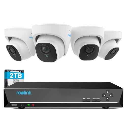 Reolink 4K Kit câmaras de vigilância PoE H.265, 4 x 8 MP detecção de pessoas/veículos câmaras IP PoE exterior e 8CH NVR com 2 TB HDD para gravação 24/7, visão noturna, áudio, alertas, RLK8-800D44 Kit