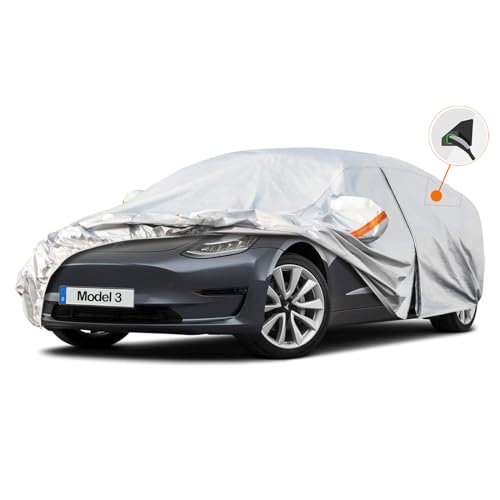 Kayme Capa de carro exterior, compatível com Tesla Model 3 (2017-2025), capa para carro impermeável, respirável, anti-UV, anti-poeira, 6 camadas, cobertura de carro com fecho de correr e forro de