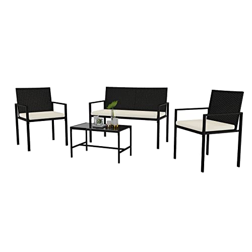 bigzzia Conjunto de móveis de jardim rato PE, conjunto cadeiras e mesa, mesa de jardim exterior, mesa e cadeiras de terraço, inclui 2 poltronas, 1 sofá de assento duplo e 1 mesa, preto