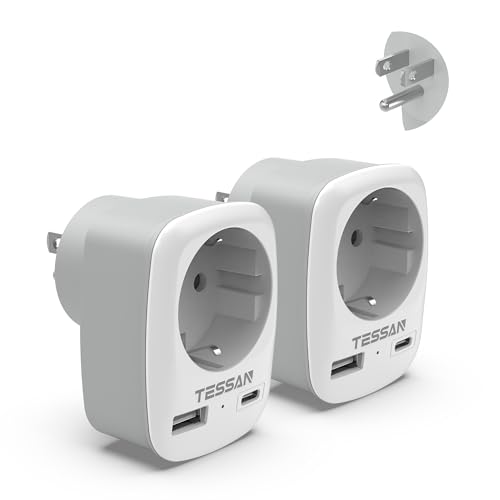 TESSAN Embalagem de 2 adaptadores de tomada europeia para americano, 3 em 1 adaptador EUA com USB C e USB A, tomada americana para europeia de 1250 W, EU to USA Plug Adapter para Canadá, Filipinas