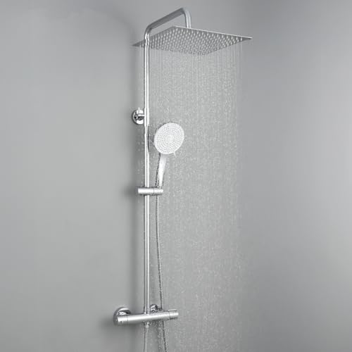 Auralum Coluna duche térmica, chuveiros de casa de banho coluna altura ajustável, cabeça de duche grande 30 x 30 cm de aço inoxidável, torneira de latão (cromado)