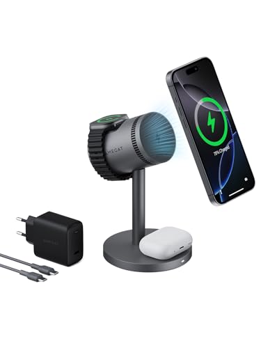 AMEGAT Carregador sem fios 3 em 1 com arrefecimento ativo, base de carregamento rápido Qi2, compatível com MagSafe para Apple Watch, iPhone, AirPods (carregador de 45 W incluído)