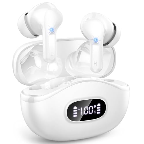 Auriculares sem fios Bluetooth, 2025 capacetes sem fios Bluetooth 5,3 HiFi estéreo, 40H auriculares com redução de ruído ENC, auriculares sem fios IP7, impermeável, carregamento rápido USB-C, branco