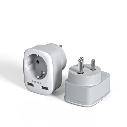 TESSAN 2 Pack adaptador de tomada tipo D, 3 em 1 adaptador indiano com 2 USB A, adaptador de corrente de 2500 W para a Índia, tomada tipo D e USB para Sri Lanka, Nepal