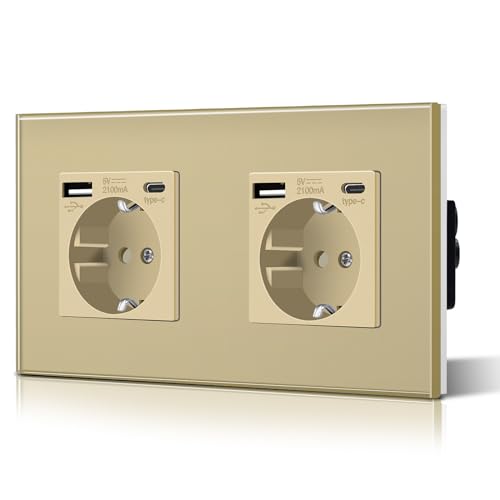 BSEED Tomada de parede 2 tomadas padrão Schuko com 2,1 A USB melhorada conector de carregamento e tomada tipo C com painel de vidro fácil instalação 157 mm ouro
