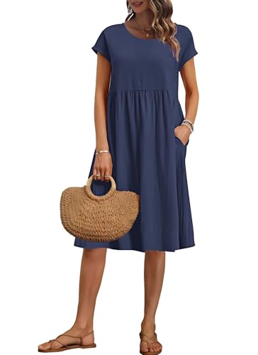 AUSELILY Vestido de verão, manga curta até ao joelho, para mulher, vestidos folgados, com decote redondo e bolsos