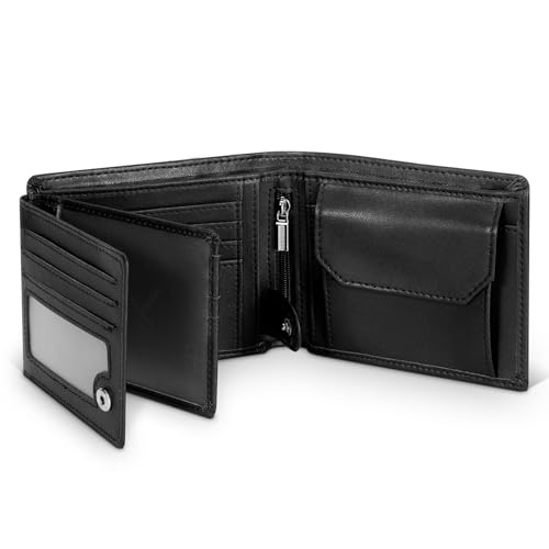 TEEHON Carteira para homem slim microfibra com bloqueio RFID, carteira homem ranhuras para 13 cartões de crédito, janela para ID e foto, bolso para moedas, compartimentos para bilhetes - preto, Preto,