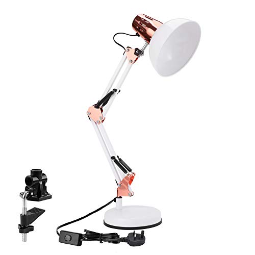 powerking Candeeiro de secretária, candeeiro de trabalho de arquiteto com braço oscilante ajustável com braçadeira, candeeiro de escritório clássico para leitura em casa (ouro branco)