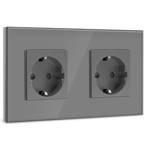 BSEED Tomada de parede dupla, chuko tomada dupla com painel de vidro cinzento, tomada de corrente de 16A 250 V, tomadas de extensão para cozinha, quarto, escritório, hotel, etc