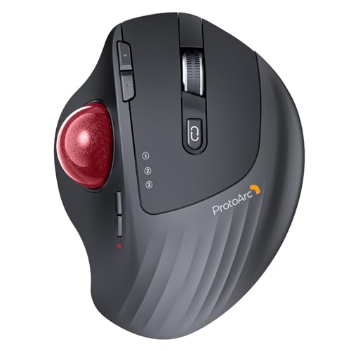 ProtoArc EM01 NL Trackball rato sem fio, 2,4 G USB e Bluetooth, controlo de polegar, ângulo ajustável, 5 dpi ajustável, recarregável, rato ergonómico para PC/Mac/Pad/Windows, Red Ball