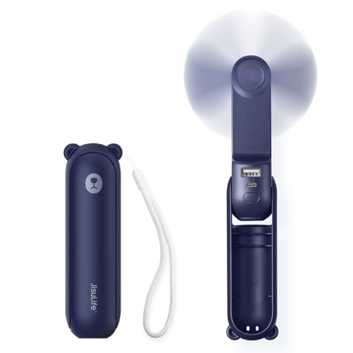 JISULIFE Mini ventilador portátil, ventilador de mão 3 em 1, ventilador de bolso recarregável, ventilador de bateria [12 - 19 horas de trabalho] com bateria externa, função de lanterna - azul