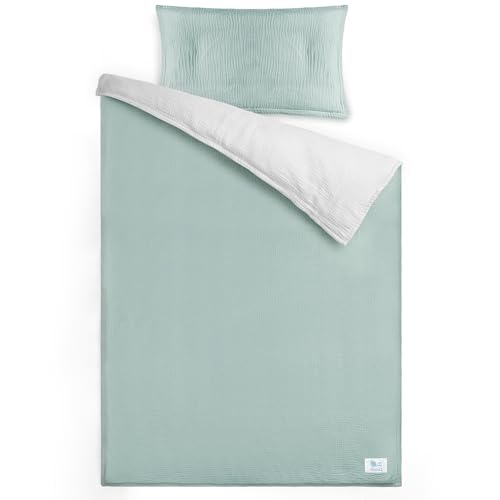 lulumoon Conjunto de roupa de cama de criança de musselina de 100 x 135 cm, capa nórdica de 100 x 135 cm e fronha de almofada de 40 x 60 cm, de algodão, leve e confortável, cinzento e verde, 100 x 135