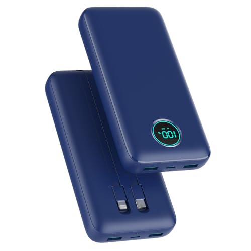 Power Bank 26800 mAh com cabo, PD 25 W QC4.0, carregamento rápido bateria externa USB C, 5 saídas bateria portátil com ecrã LCD, carregador portátil para iPhone 16/15/14, Samsung Huawei - azul escuro