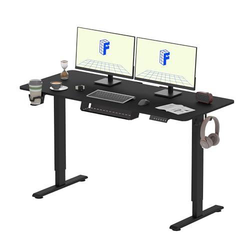 FLEXISPOT Mesa de secretária elevada elétrica com placa 140 x 60 cm, Standing Desk, mesa elevável com 2 ganchos, porta-copos e organizador de cabos, 4 botões de memória, para escritório e casa