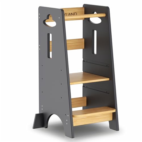 COSYLAND Torre de aprendizagem para crianças - torre de aprendizagem de madeira para bebés de 1 a 6 anos - altura ajustável em 3 níveis - 85 cm, madeira e cinzento