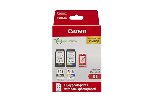 Canon PG-545XL CL-546XL, cartuchos de tinta original, cartucho de tinta independente em cor preto e cartucho multicolorido, inclui 50 folhas papel fotográfico 4 x 6, compatível com impressoras PIXMA