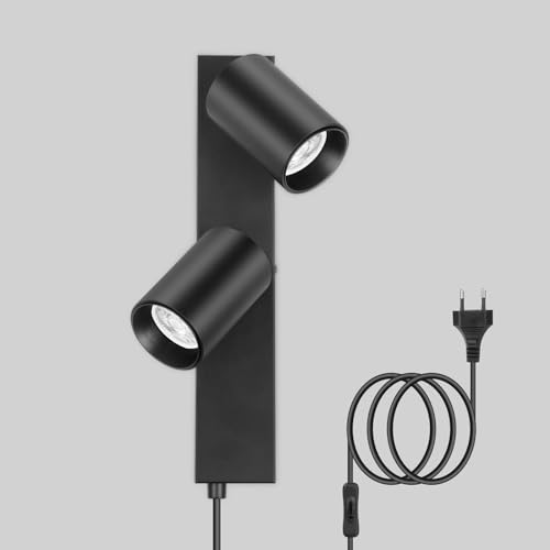 TaFiCo Candeeiro de parede LED 2 focos preto - GU10 apliques com cabo tomada e interruptor interior industrial apliques luz de parede ajustável moderno para quarto cozinha sem lâmpadas