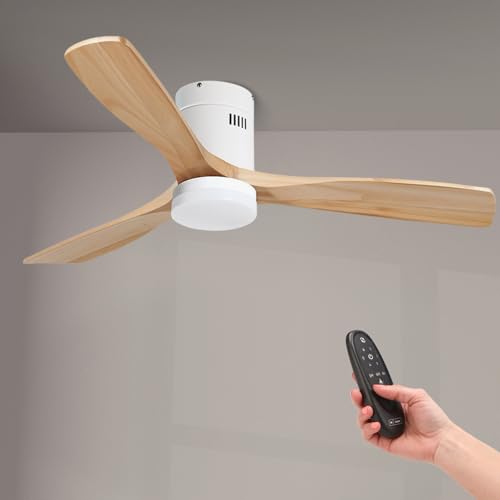 M Ledme - Ventoinha de teto LED Energy 58 W branco, comando remoto, motor DC 40 W luz LED 18 W, 6 velocidades, silencioso, 3 pás madeira natural, 132 cm, função verão-inverno, temporizador