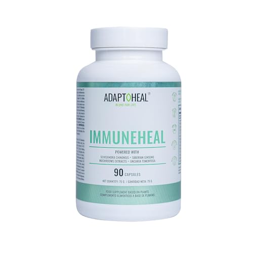 Adaptoheal Immuneheal Suplemento potenciador do sistema imunitário com Schisandra Chinensis, gininseng e extrato de cogumelos, vegan, sem glúten nem leite (90 cápsulas)