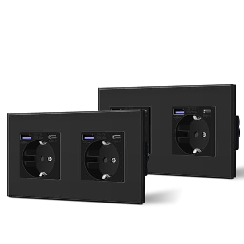 BSEED Tomada de parede dupla com 20 W USB e tipo C, tomada USB C de vidro, carregamento rápido, 3 em 1, instalação fácil, 2 tomadas - 2 pacotes, 157 mm preto