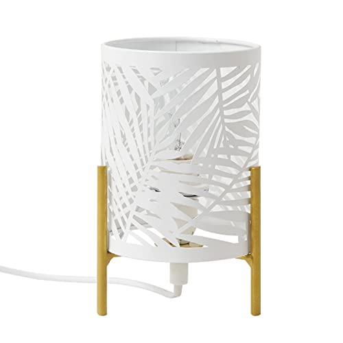OuXean Candeeiro de mesa decorativo, tripé dourado com ecrã oco de metal branco, luz noturna para cabeceira da cama, quarto de crianças, sala de estar, quarto, E14 40 W, sem lâmpada
