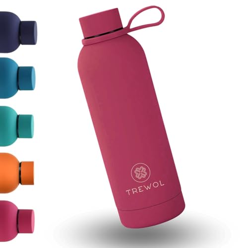 TREWOL Garrafa de água de aço inoxidável 750 ml, sem BPA, com isolamento duplo para parede, mantém a bebida fria 24 horas, design anti-fugas, acabamento mate antiderrapante e pega de silicone (rosa