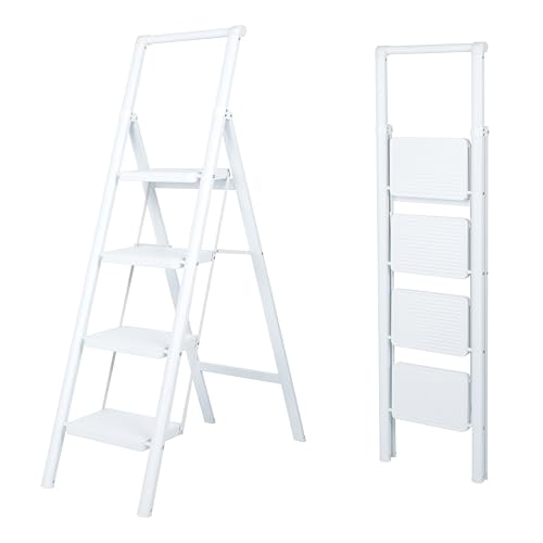 UZIRO Escada dobrável 4 degraus, leve e compacta, design decorativo, degraus largos antiderrapantes, ideal para uso em casa, cozinha e escritório, fácil de guardar e transportar, alta durabilidade