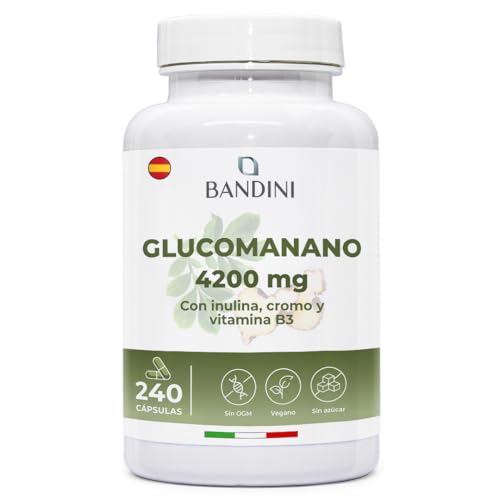 Bandini® Glucomanano Forte 4.200 mg por dose diária, 240 cápsulas, enriquecido com crómio, vitamina B3 e Inulina Glucomannan a partir de fibra vegetal de raiz de Konjac, suplemento de alta dose