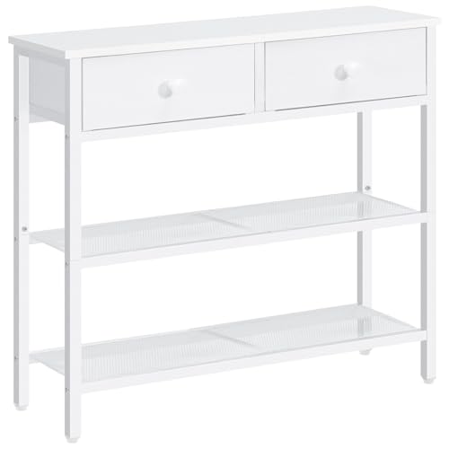 HOOBRO Mesa de entrada 75 cm de comprimento, mesa de sofá de estilo industrial com duas gavetas de tecido não têxtil, consola com 3 prateleiras, quarto, hall de entrada, branco EWW72XG01G1