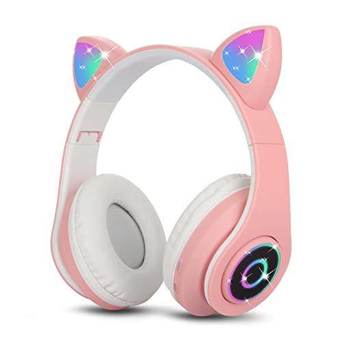 Sendowtek Capacetes sem fios para meninas, diadema mãos livres, com microfone integrado e luz LED compatível com telemóveis/PCs, auriculares Bluetooth orelhas de gato para crianças e adultos (rosa)