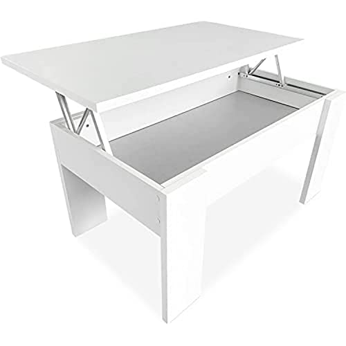 Duérmete Online - Mesa de centro elevável, mesa de sala de estar ou de jantar, madeira, acabamento em cor branca, medidas: 90 cm (largura) x 50 cm (fundo) x 46-57 cm (altura)