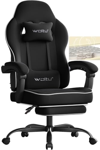 WOLTU Cadeira de jogos ergonómica, cadeira de escritório com apoio de braços e suporte lombar, para secretária, escritório e estúdio, assento elástico, estrutura de metal, tecido de malha, preto