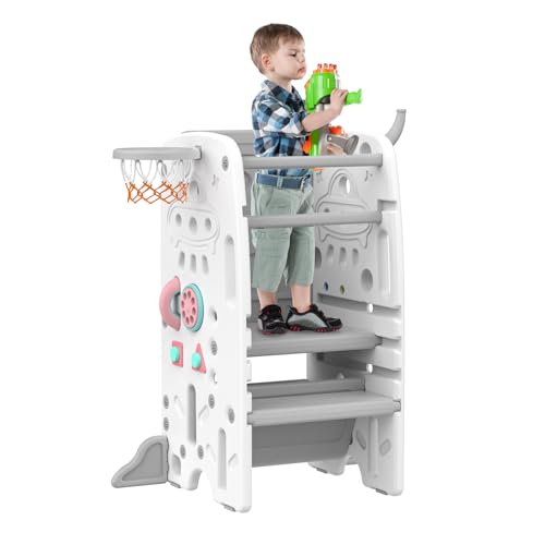 Gupamiga Torre de aprendizagem Montessori para crianças, anti-capotagem, regulável em altura, degraus antiderrapantes, com funções de entretenimento como pintura, basquetebol ou lançamento de aros