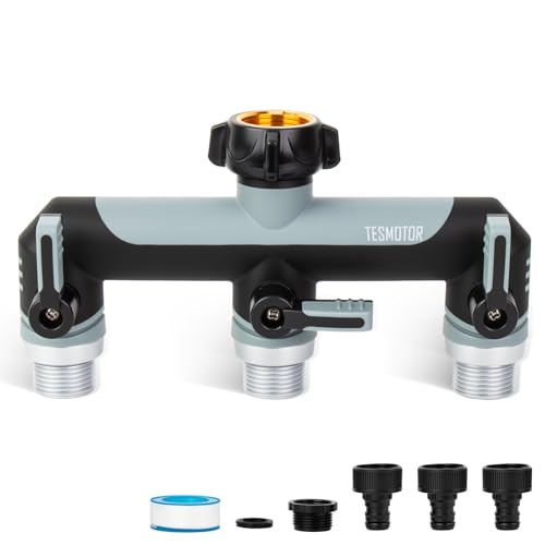 Tesmotor Distribuidor em T de 3 vias para torneiras, 3 distribuidores de 3/4 polegadas, adaptador com válvula de esfera para ajustar e fechar o fluxo de água