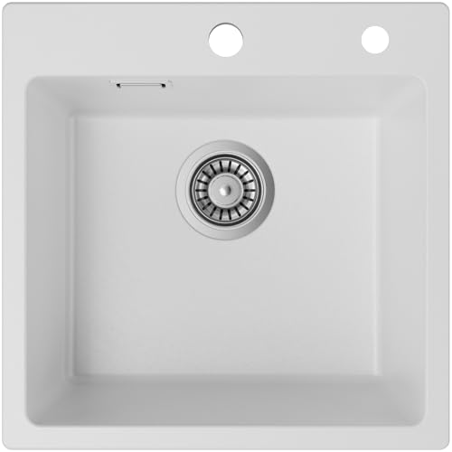 Auralum Lava-louça cozinha branca 45 x 45 cm, granito lava-louça cozinha 1 seio com sifão e conjunto de ralo, lava-louça sobre bancada para móveis 45 cm