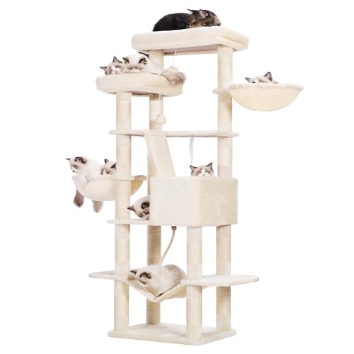 Heybly Raspador para gatos, árvore para gatos, altura 173 cm, torre de gatos, com 17 postes de arranhões, 2 plataformas, 2 cesta, 1 gruta, 1 rede, 2 pompões, tecido de pelúcia, bege HCT025M
