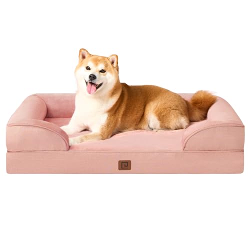 EHEYCIGA Cama cães grande 89 x 56 x 16 cm, ortopédica cama para cães impermeável com espuma viscoelástica, lavável sofá de estimação removível para gaiola, rosa
