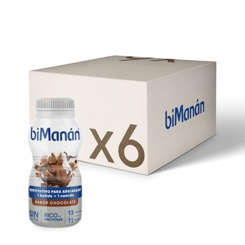 BiManán Batido substitutivo de alimentos para controlo de peso, sabor chocolate, sem glúten, rico em proteína, com 13 vitaminas e 11 minerais, conjunto de 6 unidades