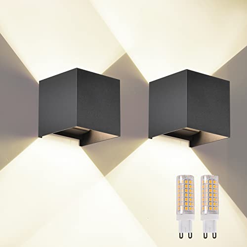 FUPE 2 peças aplique de parede exterior interior lâmpada LED G9 substituível candeeiros de parede moderno preto 4000K IP65 impermeável apliques de exterior quadrada de alumínio ângulo de luz ajustável