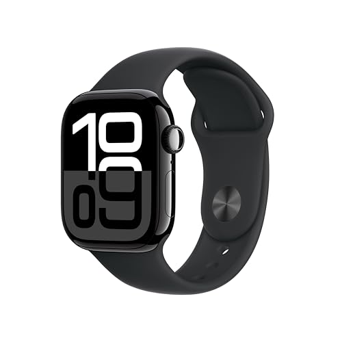Apple Watch Series 10 GPS Cellular Smartwatch com caixa de alumínio preto brilhante de 42 mm e correia desportiva preta - tamanho M/L. Monitor de treino, App ECG, ecrã Retina sempre ativo