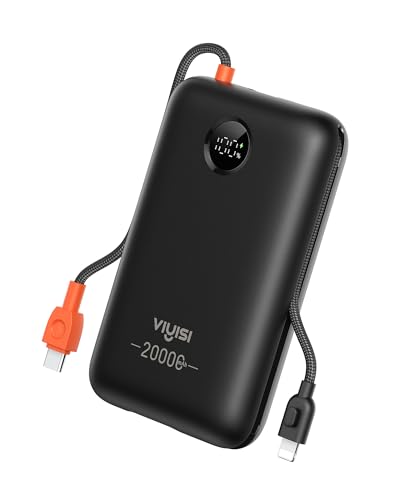 VIYISI Power Bank 30 W Carregamento ultra rápido de 20000 mAh, bateria externa USB C com cabo integrado, bateria portátil compacta, compatível com iPhone 15 14 13 11 Samsung S24 S23 S22 Fold 5-preto