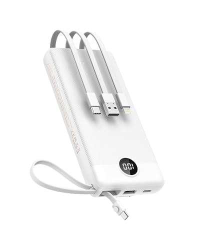 Power Bank 20000 mAh, VEEKTOMX Bateria externa USB C carregador portátil com cabos integrados, 5 saídas e 2 entradas Powerbank compatível com iPhone/Samsung/Huawei, viagem essencial (branco)