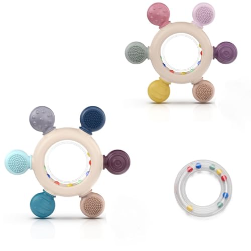 akolik Mordedor de bebé, chocalho de silicone para bebé, brinquedo de dentição de remo, brinquedo agarrar, acessório de enfermagem para dentição sem BPA para bebés com mais de 0 3 6 9 meses