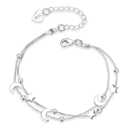 ALEXCRAFT Pulseira de prata 925 para mulheres e meninas, pulseira com coração, pérolas, estrela, lua, pulseiras com zircão ajustável, jóias presentes para mulheres e meninas mãe