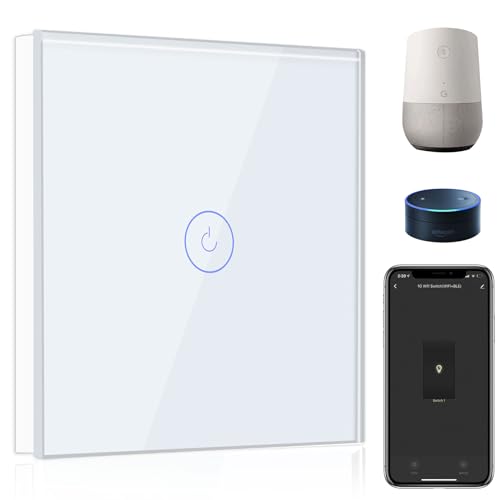 BSEED Interruptor de parede WiFi, interruptor inteligente de 1 Gang 1 via com ecrã tátil branco, compatível com Alexa, Google Home, controlo de APP e função de temporizador