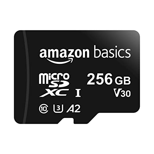 Amazon Basics MicroSDXC, 256 GB, com adaptador SD, A2, U3, velocidade de leitura até 100 MB/s, preto