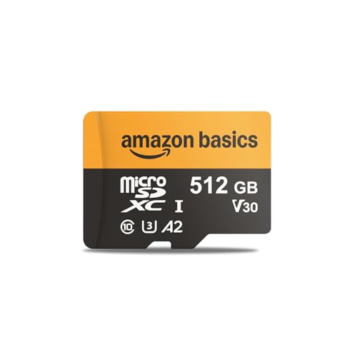 Amazon Basics Cartão micro sdxc de 512 GB com adaptador de leitor, velocidade rápida de até 200 MB/s, preto, pacote de 1