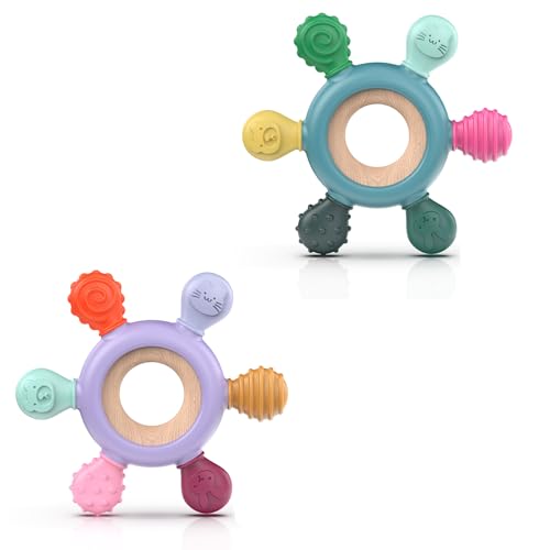 Mordedor bebé, brinquedo de dentição de bebé mordedor de silicone, remo, brinquedo agarrar, acessório de enfermagem, dentição sem BPA para bebés com mais de 3 meses (leme E+F)