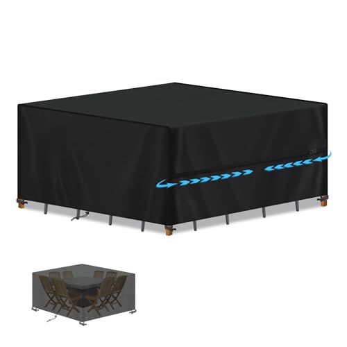 SIMPHAUS Capas para mesas de jardim, capa protetora móveis exterior com ventilação impermeável, capa para mesas e cadeiras de jardim anti-UV Oxford 420D, capa exterior quadrada 200 x 200 x 85 cm